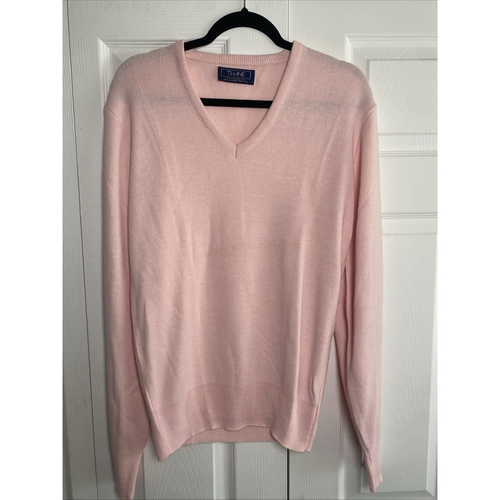 Mens Vintage Large Thane Pink V Neck Knit Sweater Preppy Spring‎ Golf